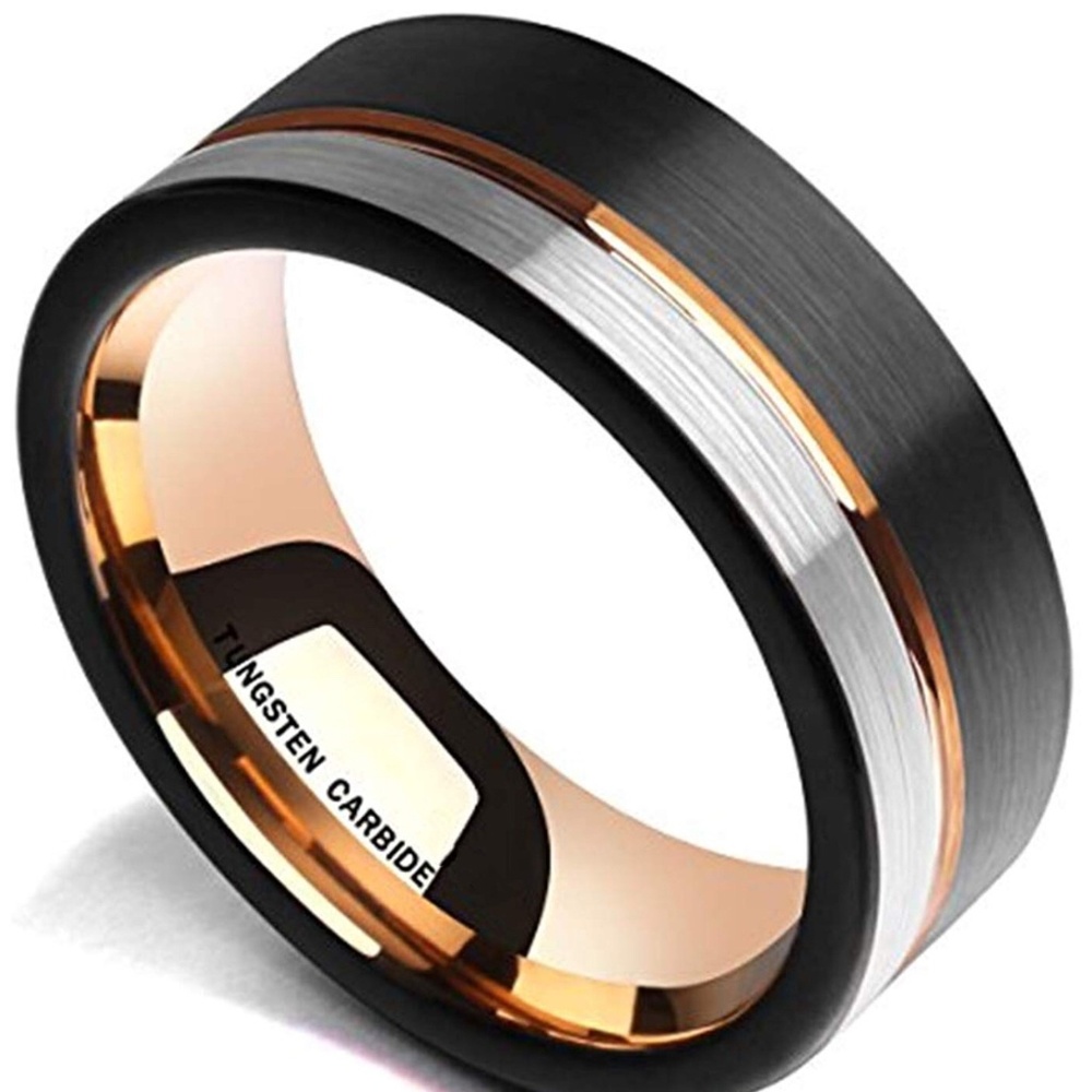 8mm Black Silver Brushed Rose Gold Tungsten Ring